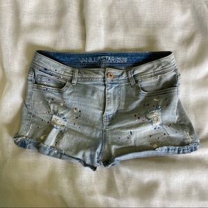Light wash paint splattered shorts